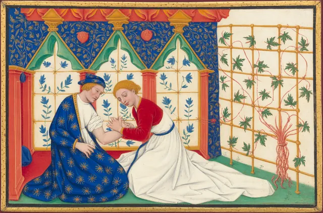 A woman gently holds the bandaged arm of a seated man, beside a trellis where a cut vine is sending out new shoots