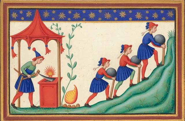 A smith works a glowing blade at a forge while three young men carry ever-larger stones up a green hill