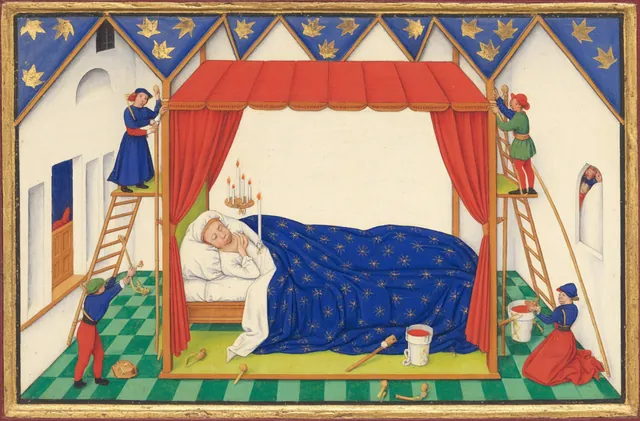 A man sleeps in a curtained bed while small workers on ladders quietly repair the walls and beams of the room around him