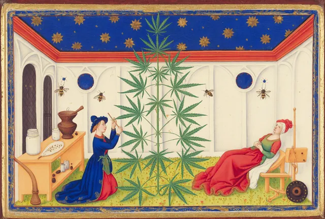 In a walled garden a woman kneels to tend a tall hemp plant while another rests in a chair nearby, with jars, a mortar and bees