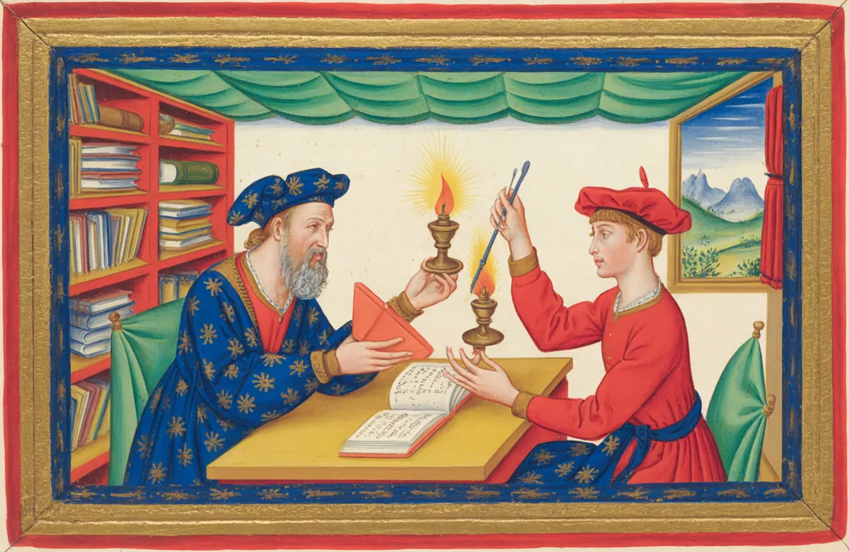 An old bearded scholar at a desk of books passes a lit candle to a young man, who lights his own from it