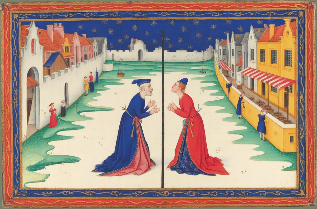 An old man and a young man stand face to face on a line that splits one town in two: old walls on his side, new tall houses on the young man's