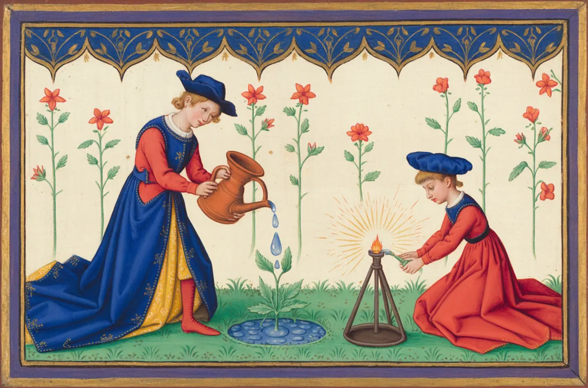 In a flower garden a young man waters one small plant from a jug, while a boy beside him lights a tiny fire with sunlight through a glass