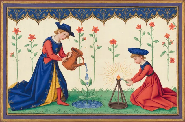 In a flower garden a young man waters one small plant from a jug, while a boy beside him lights a tiny fire with sunlight through a glass