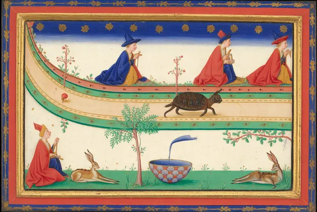 A tortoise walks steadily along a long road while hares lie resting below and a stream of water falls into a stone bowl