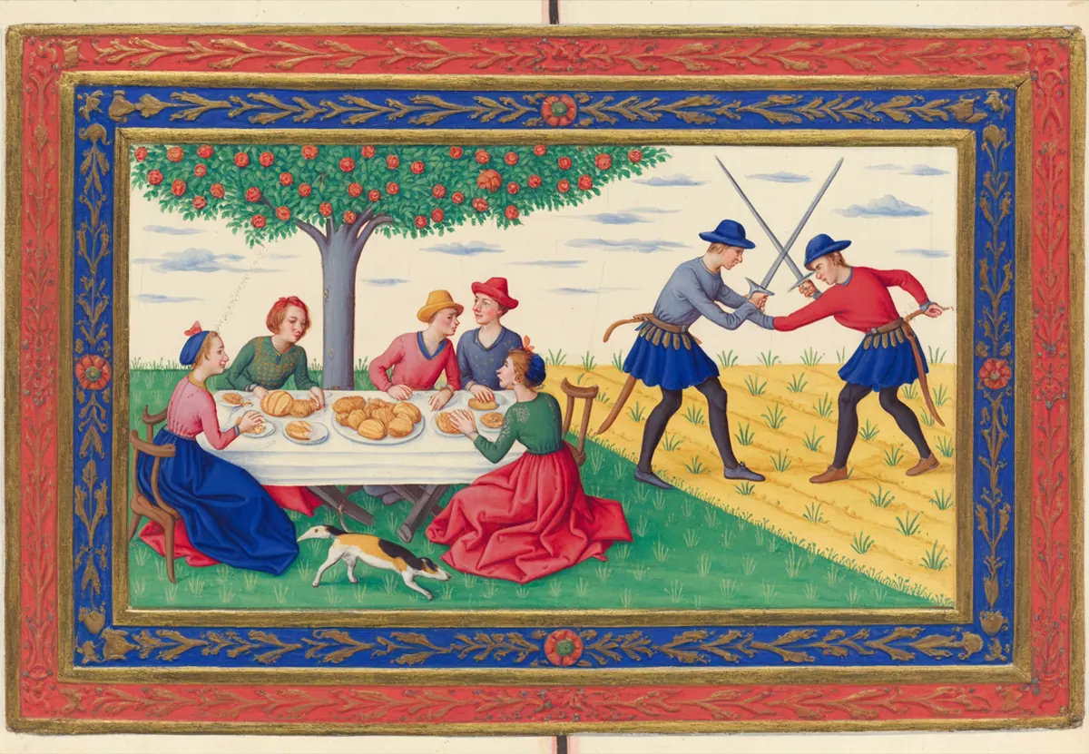 Neighbours share bread at a table under an apple tree with a dog at their feet, while in the field beyond two men fight with swords