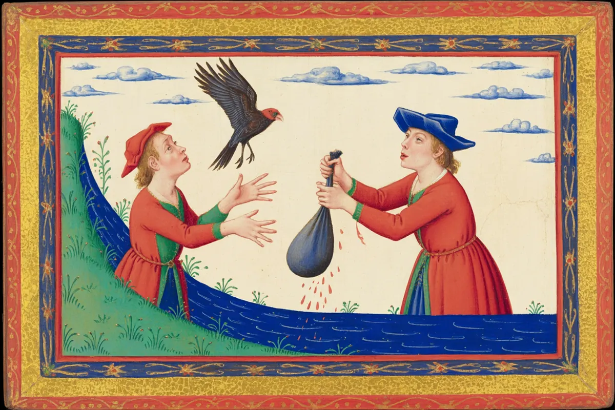 On a riverbank one man opens his hands to let a dark bird fly off while another empties a heavy sack