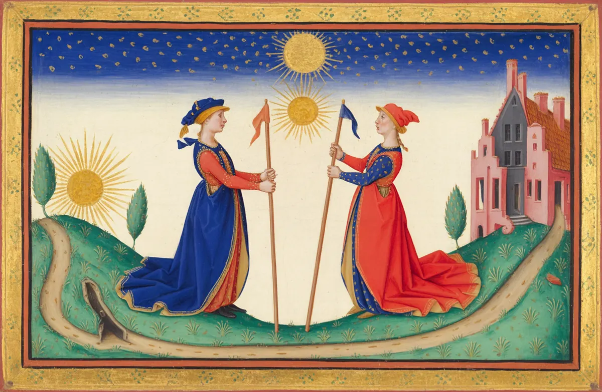 Two women with staffs stand back to back on a green hill, one facing the rising sun, the other a town of tall houses