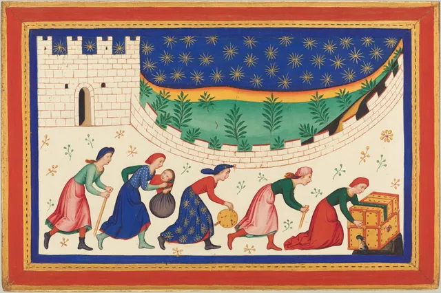 People hurry away from a cracking castle wall, each carrying something different, while one woman struggles with a heavy chest