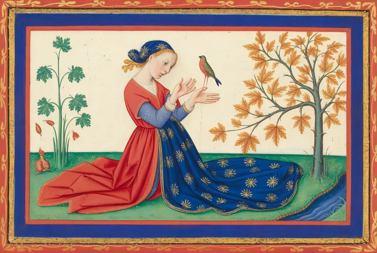 A woman kneels with a small bird resting on her open palms, beside an autumn tree letting its golden leaves fall toward a stream