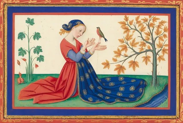 A woman kneels with a small bird resting on her open palms, beside an autumn tree letting its golden leaves fall toward a stream