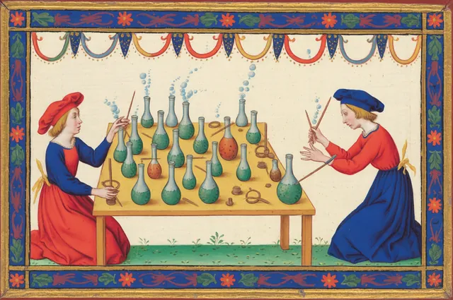 Two apprentices at a table crowded with glass flasks test them one by one, some bubbling and some still
