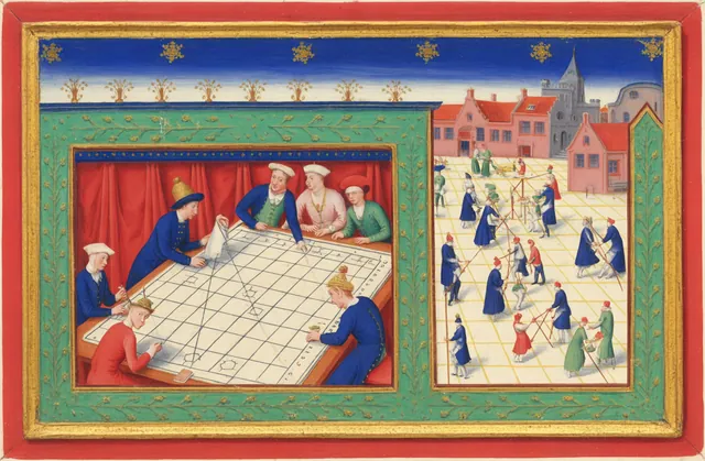 A king and his counsellors pore over a huge plan of a city, while in the square beyond the townspeople run the market by themselves
