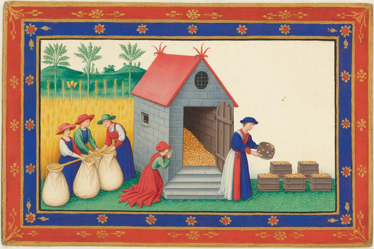 Farmers carry sacks of grain from the field into a stone granary while a woman beside it sets coins into several small chests
