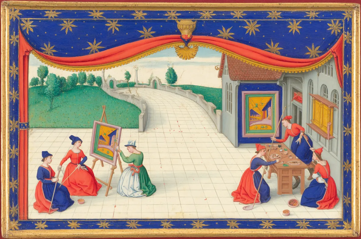 Painters work on bright pictures at easels and benches in a courtyard beside an empty road that leads away