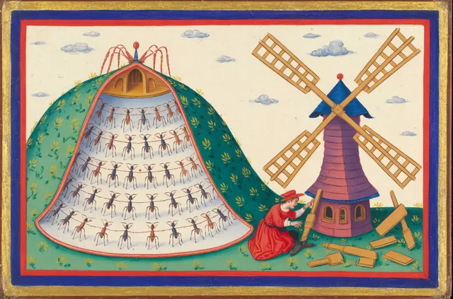 A great anthill of ants marching in tidy rows, and beside it a young man building a new windmill from odd wooden parts