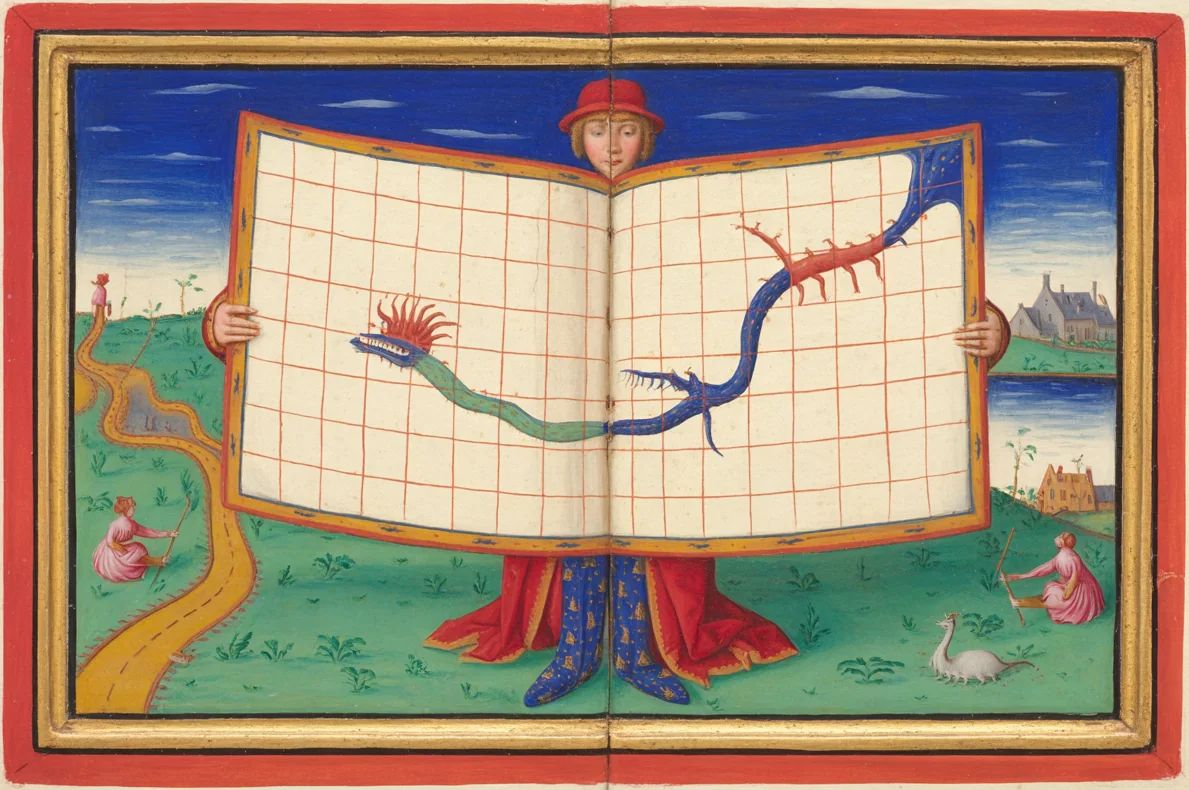 A traveller holding a map up in front of the real land