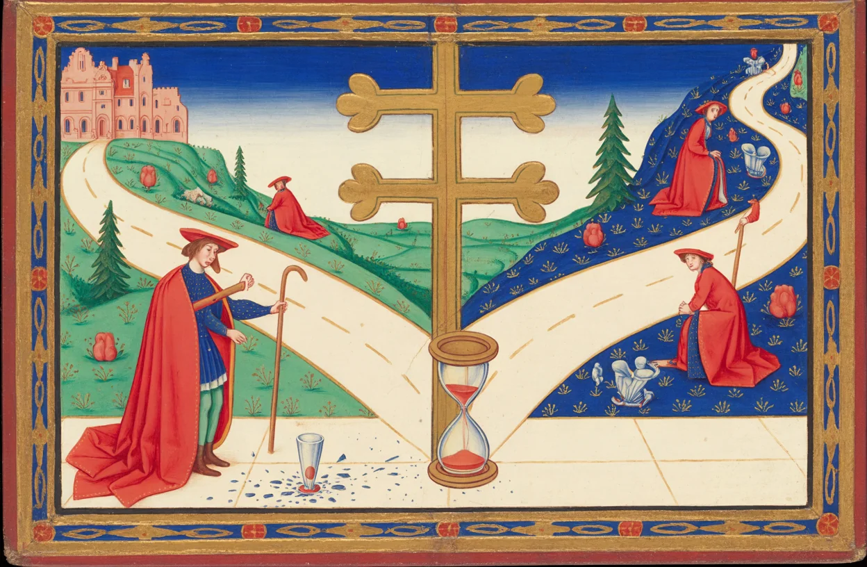 A traveller at a fork in the road under a wayside cross, a shattered glass at his feet