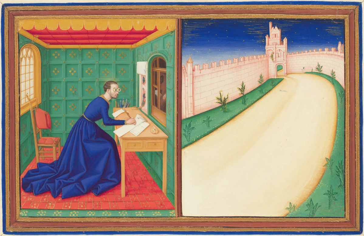Justin, bare-headed in round medieval spectacles, writing a letter at his desk at left; at right, an open road to a distant walled city